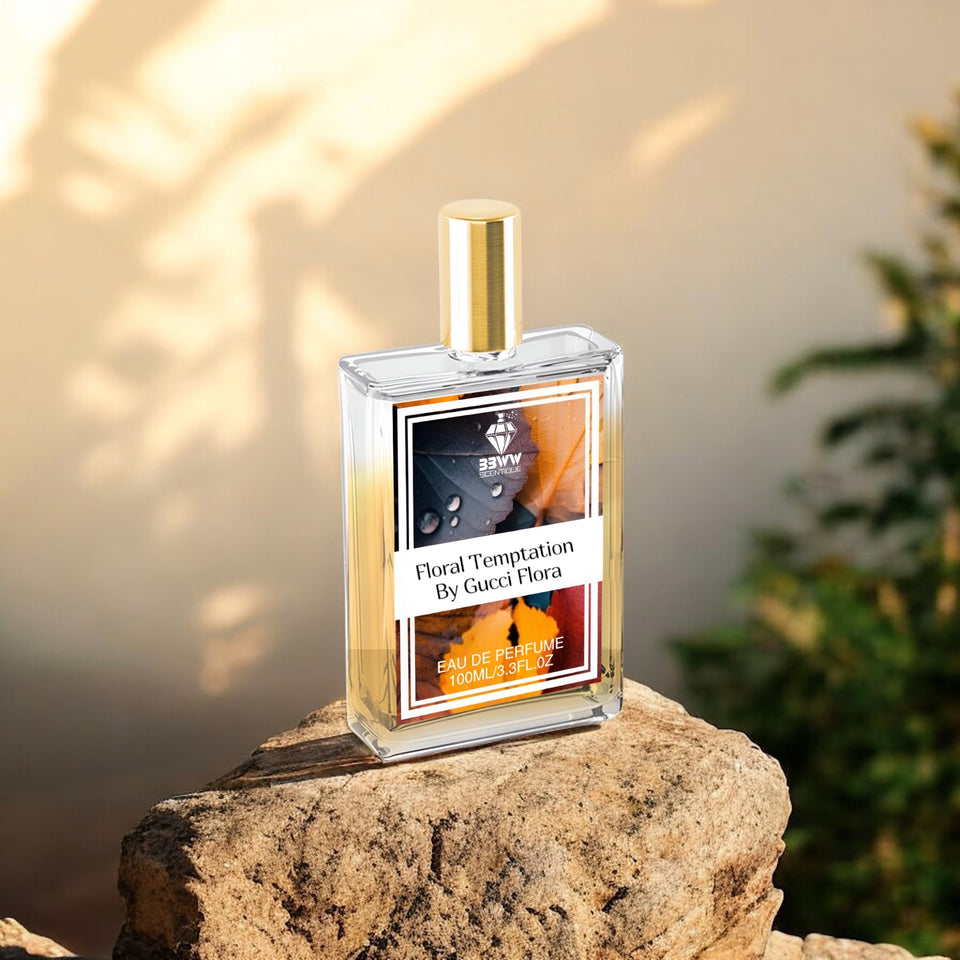 Gucci floral scent for women Floral Temptation perfume bottle by BBWW SCENTIQUE on rock outdoors