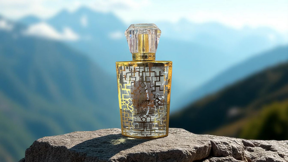 BBWW SCENTIQUE LV Ombre Nomade fragrance bottle on rock with mountain landscape background